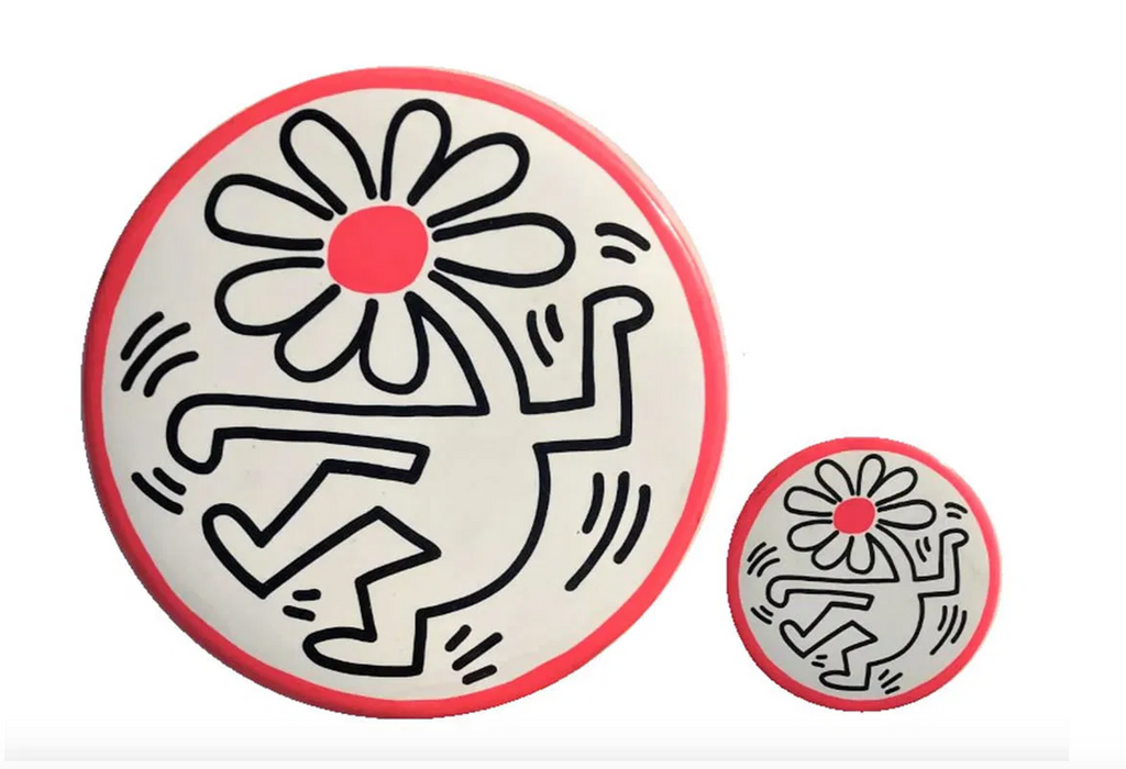 Keith Haring: Dancing Flower, 1989 Original Silkscreen Pop Shop set of 2 pins